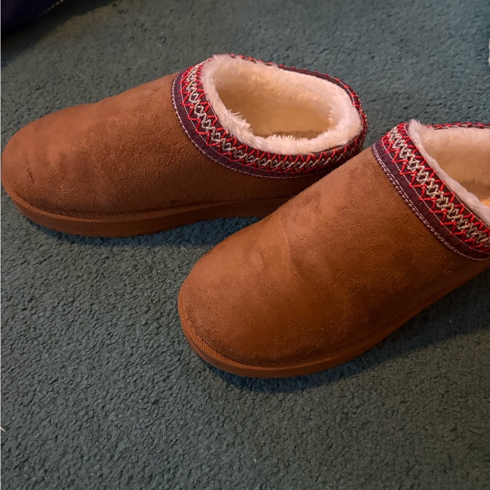 Cozy Brown Slippers with Red Trim